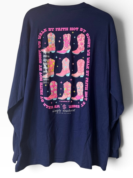 Simply Southern Tops - Simply Southern Walk By Faith Navy Long Sleeve T-Shirt Pink Cowgirl Boots Sz XL